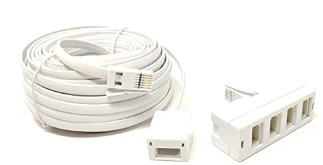 Maincore 15m 2in1 long White BT Telephone Extension Cable Lead & 4 Way BT Sockets Splitter Adapter (15m)