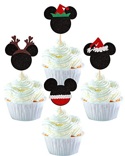 24 Stück Weihnachts-Cupcake-Aufsätze mit Minnie Maus, glitzernd, Hirsch, Weihnachts-Elfenhut, Mini-Cupcake-Picks, Frohe Weihnachten, Neujahr, Feiertag, Party, Kuchendekorationen