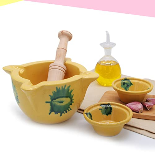 NUEVO > Mortero Cocina Amarillo Cerámica + 2 Cuencos para Servir Salsas y Alioli + Maza de madera. 20 cm de diámetro | El mortero de toda la vida. Hecho en España | Juego de Mortero y Mano |