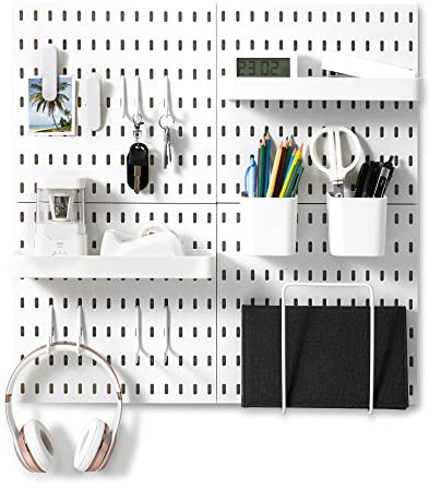 VUSIGN Kit de rangement mural pour chambre à coucher, étude, bureau, salle de bain, 4 panneaux perforés et 17 accessoires, 55,9 x 55,9 cm, blanc