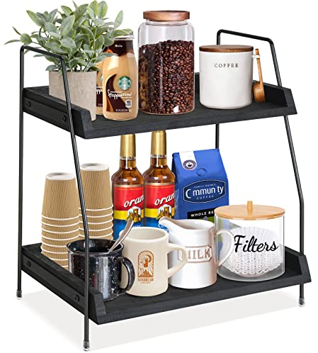 Megsooul Coffee Bar Accessories and Organizer Countertop, Coffee Station Organizer Kitchen Counter Shelf Organizer,Coffee Condiment Storage,Cup Lid Holder Countertop Shelf for Bathroom (Black)