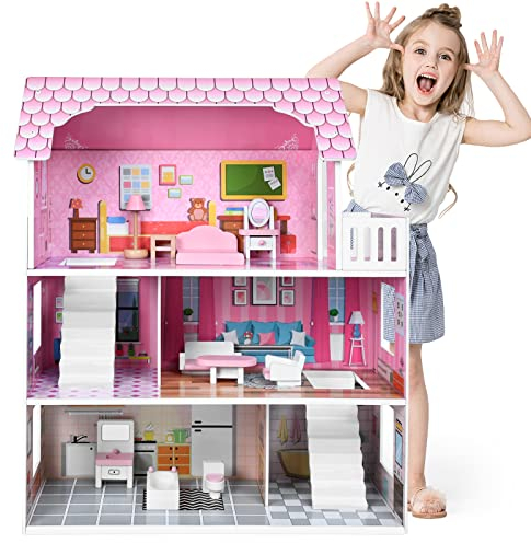ACXIN Puppenhaus Holz Puppenvilla Dollhouse Kinder Puppenhaus mit Möbeln und Zubehör Dollhouse 3 Etagen Barbyhaus Leicht zu Montieren, Sicher und Umweltfreundlich (60x24x70cm)