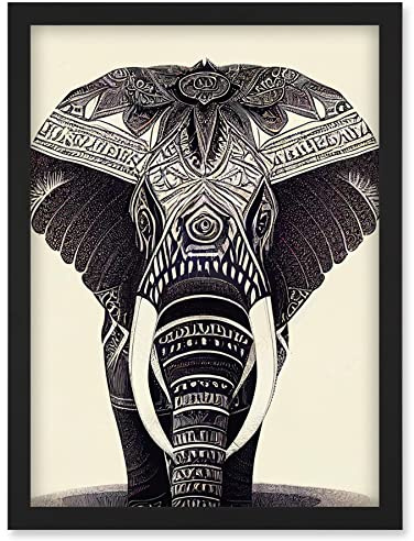 Doppelganger33 LTD Illustration Of Elephant With Tribal Patterns Black And White Artwork Framed Wall Art Print A4