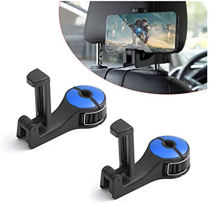 2PCS Car Headrest Hidden Hook, 2 in 1 Multifunctional Car Seat Back Hanger Storage Hook with Phone Holder, Automotive 360° Rotation Headrest Purse Handbag Holder Universal for Toys Groceries (Blue)