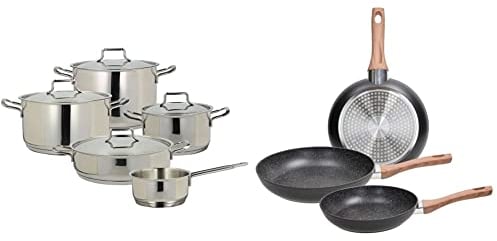 Tognana V579109INSL Batteria Vanitosa, Alluminio, Argento, 9 unità & Set 3 padelle 20-24-28 cm, Alluminio, Anche a Induzione, Nero