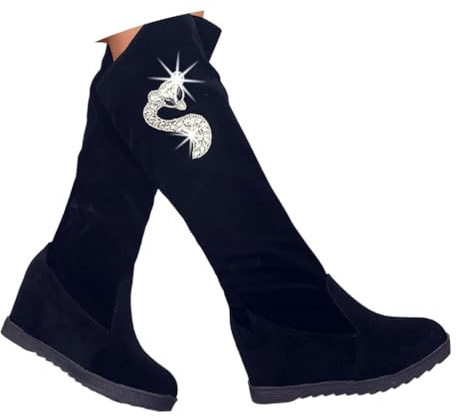 ticticlily Stivali Donna Pelle Piatta Stivali Morbido Camoscio Autunno Inverno Stivali Caldi Classico Donne Tacco Basso Stivali Alti da Donna D Nero 37 EU