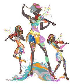 adrium Acryl-Bild 60 x 40 cm: Abstrakte farbenfrohe Frauen, die sich im Tanz bewegen, dekoriert mit Wellen, Notizen. Handgezeichnete Vektorillustration. (173009703)