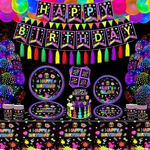 187 Paquete Productos Fosforescentes Para Fiestas Decoraciones Fosforescentes Set de Vajilla Para Fiesta con Luz Negra - Platos, Pancartas, Globos Fluorescentes, Mantel, Borlas Para 20 Personas