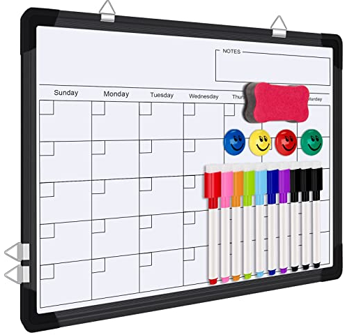 FINEW Whiteboard Magnetisch 40 x 30cm, Whiteboard Klein, Hängende doppelseitige Whiteboards mit Alurahmen inklusive 10 Whiteboard Stifte, 1 Whiteboard Schwamm, 4 Magnete, Schulsachen (Schwarz)