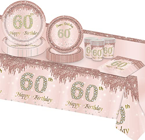 TOPWAYS Roségold 60 Geburtstagsdeko Partygeschirr Set, Einwegteller Pappbecher Servietten Pappteller Tischdecke für Sie Mädchen Frauen 60 Geburtstag Party Dekorationen (16 Gäste) (Geburtstag 60.)