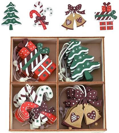 Valery Madelyn Christmas Tree Decorations, 24pcs Wooden Hanging Tree Ornaments, 5 Inch Red & Green XmasTrees, Gifts, Candy Canes,Bells Pendants for Home Decorations