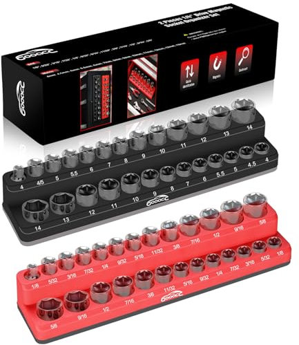 GOOACC 1/4 Magnetic Socket Organizer Set, 2-Piece Metric & SAE Socket Drive Holders, 1/4 inch Drive Socket Organizer Set Holds 52 Standard Sockets for Tool Box