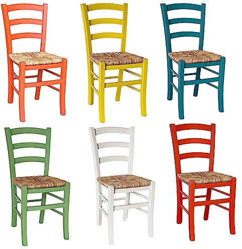 OKAFFAREFATTO MADDALONI Esszimmerstühle aus venezianischem Holz, Orange, Gelb, Türkis, Grün, Weiß, Rot, 6 Stück