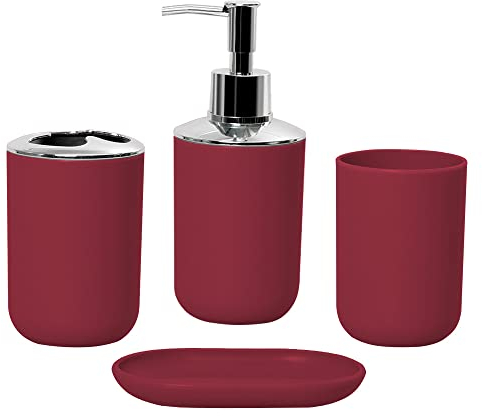 Wanym Badezimmer Zubehör Set, 4 Tteiliges Kunststoff Badezimmer Dekor Sets Zubehör, Zahnbürstenhalter, Zahnputzbecher, Seifenspender, Seifenschale für Bad und Hotel,Rot
