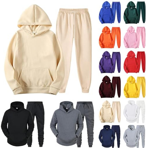Trainingsanzug Herren, Herbst und Winter Sportanzug,Männer und Frauen Sport Anzug Einfarbig Kapuzenpullover + Lang Hose Tracksuit Set Jogginganzug Baumwolle Freizeitanzug Jogging Anzug (Beige, XXXL)