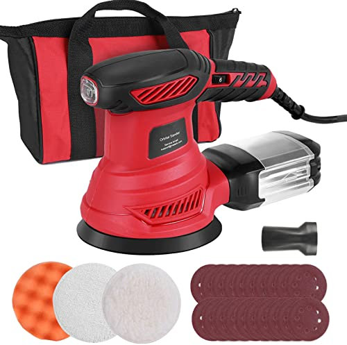 Random Orbit Sander 300W 2.5-Amp Orbital Sander with 6 Variable Speeds, 13000 RPM, 20 Sanding Discs, 3 Polishing Pads, Tool Bag, Efficient Dust Collector for Woodworking, Sanding, Detailing, Finishing