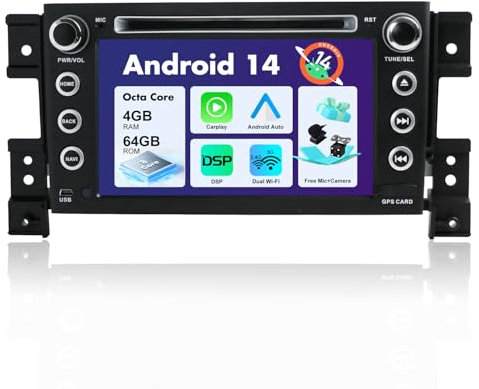 SXAUTO Android 14 IPS Autoradio Per Suzuki Grand Vitara (2005-2018) - 4G+64G - Senza fili Carplay & Android Auto - LED Camera + MIC - DAB Fast-boot Volante 360-CAM AHD DSP WIFI - 2 Din 7 Pollici