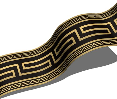 Funlife Selbstklebende PVC Tapete bordüre, Tapetenbordüre Wandtatoo in griechischem Stil, Wandbordüre Klebefolie für Bad Spiegel Küche Fliesen, wasserdichte Raumdekoration, 10x200cm Schwarzes Gold