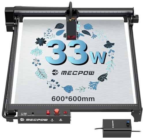 Mecpow X5pro 33w Grabadora Láser,600x600mm Cortadora Láser(Con Asistente De Aire),144w De Potencia Máquina De Grabado y Corte Láser Para Una Amplia Gama De Materiales,Cinco Dispositivos De Seguridad