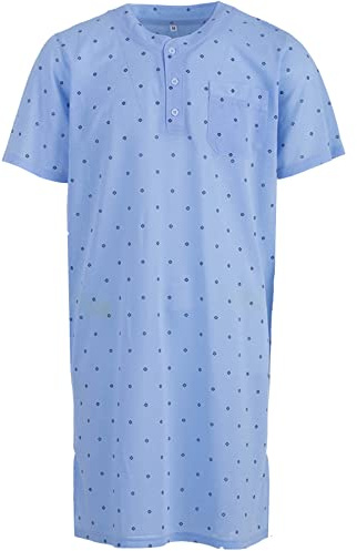 Lucky Herren Nachthemd Kurzarm Raute Tasche Schlafshirt Knöpfe Brusttasche, Farbe:hellblau, Größe:XXL