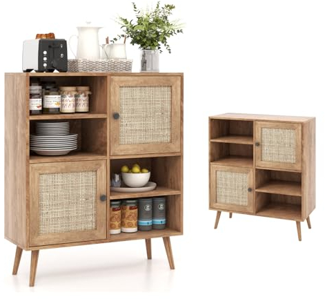 KOMFOTTEU Buffet de Salle à Manger avec 2 Portes en Rotin, Meuble de Rangement de Cuisine, 4 Cube Semi-Ouverts & 2 Armoire à Portes, Vaisseliers en Bois, Naturel, 80 x 29,5 x 97 cm