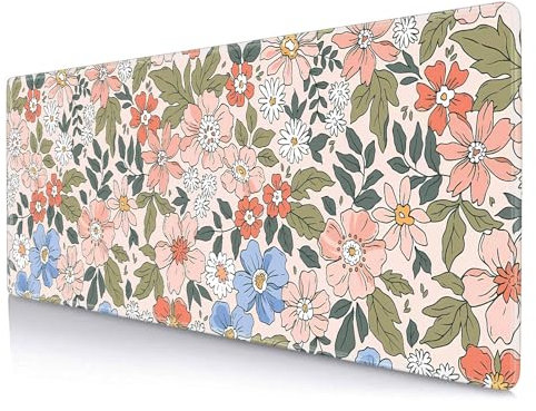 Sxckang Sous-main de bureau à motif floral rose, bleu, XL, feuilles vertes, base en caoutchouc antidérapant, bords cousus pour femme, gamer, bureau, accessoires d'ordinateur, 80 x 30 cm