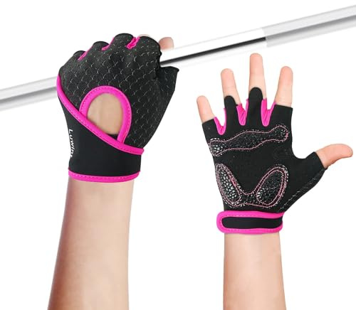 Luwint Kids Workout Gloves, Ventilated Grip Exercise Gloves for Boys and Girls Weightlifting Hanging Gym, Children 9-12 Years (Large/Pink)