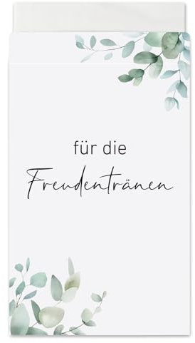 BETESSIN 100x Hochzeit Taschentücher Tüten - Für die Freudentränen - Papiertüten im Eukalyptus Design - Verpackungen für Freudentränen Taschentücher zur Hochzeit (Taschentücher nicht enthalten)