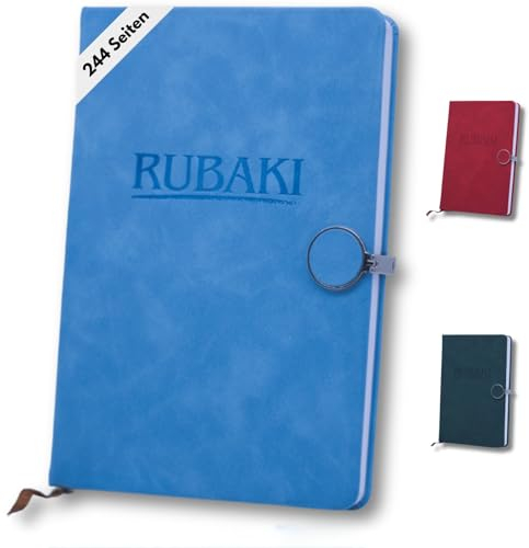 Rubaki Tagebuch | Premium Notizbuch mit Lesezeichen für Erwachsene & Kinder | Journal Buch mit Wochen & Monatsrückblick aus hochwertigem veganem Leder | A5 | Stabile Nietverschlusstechnik | Farbe Blau
