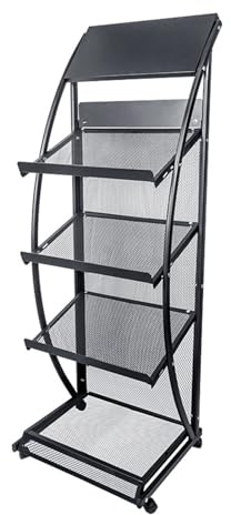 4-lagiger Zeitungsständer, Bodenstehender Prospektständer mit Rollen, Informationsständer, Zeitungsständer für Messen und Büro, Schwarz