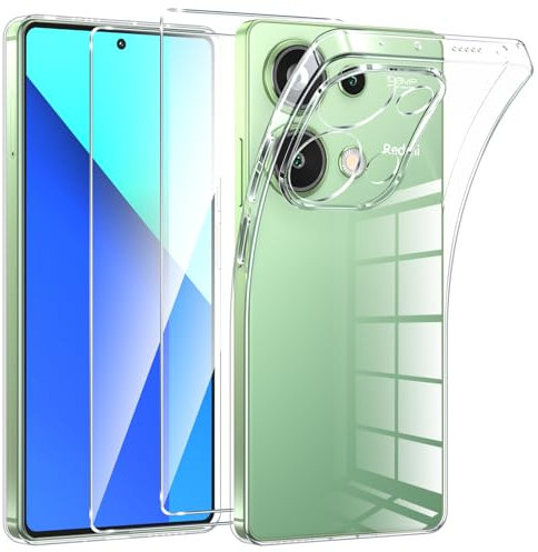Phoona Coque pour Xiaomi Redmi Note 13 4G avec 2 Pièces Protection Écran en Verre Trempé, Ultra Transparent Silicone en Gel TPU Souple pour Redmi Note 13 Couqe, Antichoc Anti-Jaune Etui Bumper