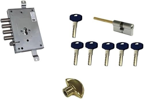 inferramenta KIT SERRATURA BLINDATA INTERASSE 28mm ENTRATA 63mm COMPLETO DI CILINDRO CON CHIAVE EUROPEA PREDISPOSIZIONE POMOLO 30/40 mm CON 5 CHIAVI E CHIAVE CANTIERE CON POMOLO OTTONE LUCIDO