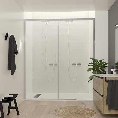 NEBADOON | Mamparas de Ducha - 2 Fijos + 2 Puertas Correderas - Mamparas de Ducha Corredera con Cristal Templado 6 mm Antical - Perfilería Plata Brillo - 184 a 186cm Ancho Adaptable 4cm x 195cm (Alto)