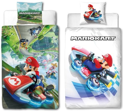 Super Mario Kart Kinderbettwäsche Combo - 135 x 200 cm + 80 x 80 cm – 100% Baumwolle Renforcé-Linon – Bettwäsche mit Motiven von Mario, Bowser & Co. - Rennen - Reißverschluss, deutsche Größe