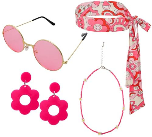 jerbro 4er Hippie Kostüm 60er 70er Disco Boho Haarband Stirnband Vintage Brille Halskette Ohrringe für Damen Halloween Cosplay Karneval Fasching Kostüm Bekleidung (Rosenrot)