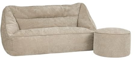Icon Cecilia Sitzsack Sofa mit Hocker, Beige, Flauschiger Chenille Stoff, 2 Sitzer Sofa für Erwachsene, Riesensitzsack mit Füllung, Bequemer Sessel, Lounge, Wohnzimmer, Deko Wohnzimmer