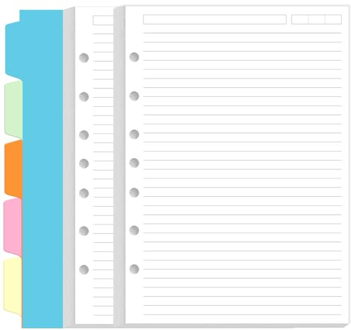 Liniertes Papier mit 7 Löchern für Mini-Binder – 100 Blatt/200 Seiten, 7 Ringe, lose Blätter, liniertes Papier mit Ordner-Trennblättern, 14,7 x 21,6 cm