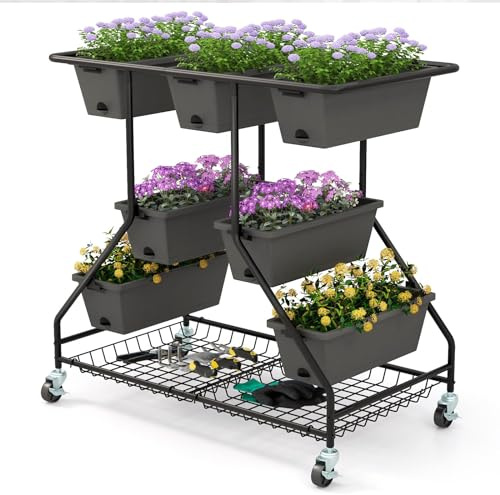 GOPLUS Blumenständer mit 3 Ebenen, Gartenbeet mit 7 Pflanzkästen & Drainagelöchern, Blumentreppe mit Rollen, Blumenbeet mit Ablagefläche, Pflanzbeet Pflanztreppe Gemüsebeet für Gemüse & Blumen