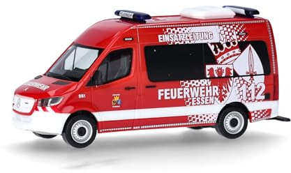 Herpa Modellauto Mercedes-Benz Sprinter 18 Bus Hochdach Feuerwehr Essen, Miniatur im Maßstab 1:87, Sammlerstück, Made in Germany, Modell aus Kunststoff, Rot
