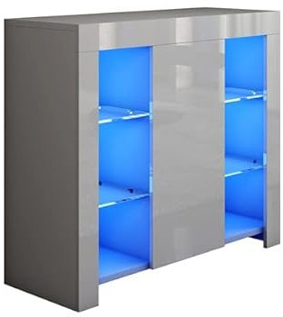 Modernes 94 cm graues Hochglanz-Sideboard mit LED-Lichtern und Regalen, Küchenaufbewahrung, Serviertisch für Flur, Wohnzimmer, TV-Ständer, Vitrine
