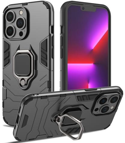 RIIMUHIR Case for iPhone 13 Pro, Shockproof Cover with 360° Metal Ring Stand, Anti-Scratch Hard Protective Case, Full Body Bumper Case with Camera Protection (Black)