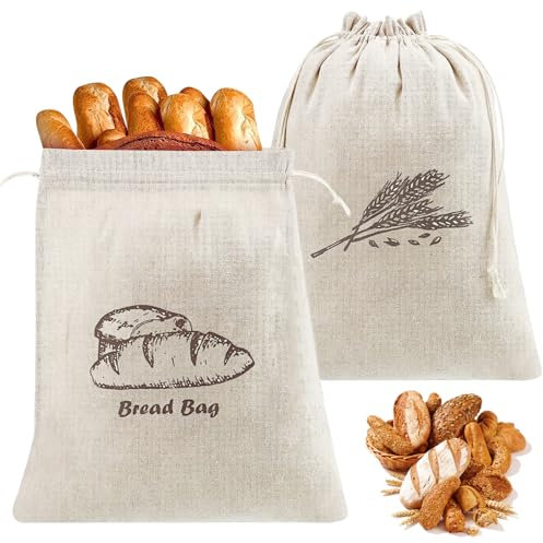 2 Pièces Sac a Pain Tissu pour Cuisine, 44 x 29 cm Sac à Pain avec Cordon de Serrage, Réutilisable Sacs à Pain, Sacs a Pain Longue Conservation, Respirant/Lavable, pour Pains, les Fruits et Légumes