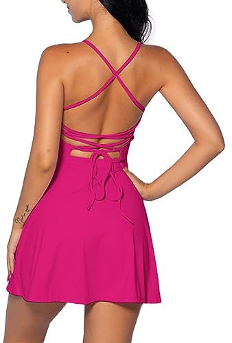 IDOPIP Tenniskleid für Damen mit integriertem BH und Shorts mit Taschen Sexy Schnürung Rückenfreies Golf Athletic Sportkleider rosenrot M