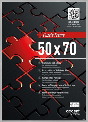 accent by nielsen Aluminium Bilderrahmen Puzzle Frame, 50 x 70 cm, Silber | Aluminium Posterrahmen im Hoch- & Querformat zum Aufhängen Silber gebürstet bruchsicheres Kunstglas Puzzlerahmen