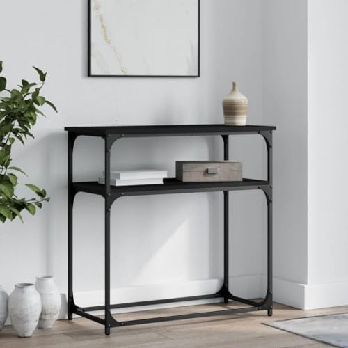 QUAHEAS Table console noire 75 x 35,5 x 75 cm - Table d'appoint moderne en bois - Cadre en métal robuste pour couloir, salon et entrée