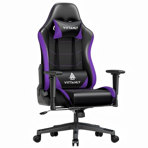 Vittanly Silla de gaming, ergonómica, con reposacabezas y cojín lumbar, altura regulable, giratoria, con respaldo de 90 a 165°, 150 kg, color morado