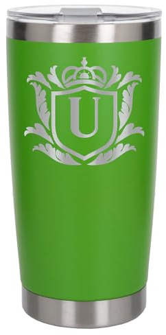 Customised Gifts 500ml Engraved Shield Initial Monogram Insulated Personalised Green Travel Mug for Men and Women - Personalised Initial Coffee Travel Mug for Hot and Cold Beverages, Letter U