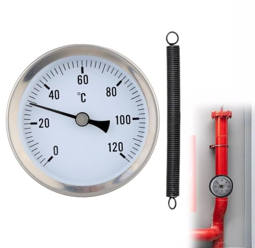 CashMuch Termometro a tubo bimetallico 0-120°C con molla di fissaggio per impianti di riscaldamento, quadrante in metallo da 63 mm, attacco posteriore assiale