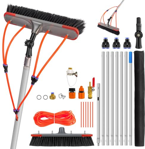 7m/23FT Aluminium Telescopic Window Cleaning Brush, Durable Water Fed Window Cleaning Pole Kit with Water Hose, 180° Adjustable Angle 35cm Brush Head & Accessories, for Solar Panels, Patio, Roofs