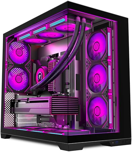 PCZZOI ATX Gaming PC Case,Large Dual-Chamber Mid-Tower Airflow Case Includes 9 x 120mm ARGB Fans,Tempered Glass,420mm Radiator Support,Type-C,for Desktop Gaming Computer,Black